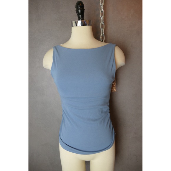 OGL Move Blue Ribbed Ruched Tank Top Built-In Bra Boat Neck Scoop Back NWT XS - Picture 2 of 7